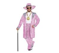 HENBRANDT Adult Men’s XL Pink Velvet Suit with Zebra Print Detail and Matching Hat 1970s Big Daddy Gangster Pimp Dress Up Outfit One Size Mens Fancy Dress Costume