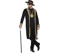 HENBRANDT Adult Men's Black Velvet Pimp Coat with Leopard Print Detail and Matching Hat 1970s Big Daddy Gangster Pimp Dress Up Outfit One Size Mens Fancy Dress Costume