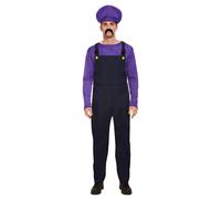 Henbrandt Adult Men’s Purple Bad Plumber Fancy Dress Costume Retro 1980s Videogame Purple + Black Overalls Moustache Brothers Workman Dress Up Outfit One Size Standard Mens Fancy Dress Costume