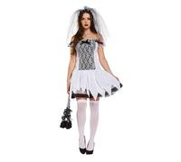 HENBRANDT Adult Women’s Dead Bride Fancy Dress Halloween Costume Sexy White Mini Dress Zombie Bride with Bridal Veil Dress Up Horror Outfit One Size Ladies Fancy Dress Costume