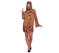HENBRANDT Adult Women’s Hippie Dress and Tasselled Jacket Fancy Dress Retro 60s 70s Long Sleeve Hippy Dress with Matching Patterned Headband and Necklace Ladies Fancy Dress Costume
