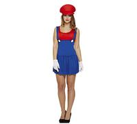 HENBRANDT Adult Women’s Red Super Plumber Fancy Dress Retro 1980s Videogame Red and Blue Mini Overalls Dress Moustache Brothers Workman Ladies Fancy Dress Costume