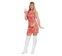 HENBRANDT Adult Women's Groovy Girl Hippie Fancy Dress Costume - 60s 70s Retro Pink Yellow Psychedelic Mini Dress with Matching Headband Perfect for Themed Parties Halloween