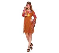 HENBRANDT Adult Women's Hippie Costume with Tassels - 60s 70s Boho Fancy Dress, Peace Sign Necklace, Multicolour Fringe Dress, Headband, Perfect for Halloween Party Celebrations