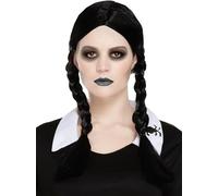 Henbrandt Black Plaited Wig for Adults Twin Pigtails Women's Scary Daughter Gothic Spooky Family Cosplay Fancy Dress Accessories Halloween Party Costume Wigs for Women