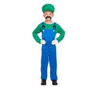 HENBRANDT Children’s Green Super Plumber Fancy Dress Costume Retro 1980s Videogame Green + Blue Overalls Moustache Brothers Size Small Ages 4-6 Fancy Dress for Boys Super Workman Outfit for Kids
