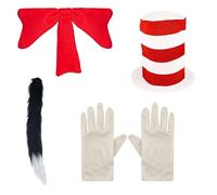 HENBRANDT Children’s Hat Cat Costume Kit with Red and White Top Hat + Big Red Bow + Black Cat Tail + White Gloves School Book Day Storybook Halloween Costume Fancy Dress Accessories Set for Kids