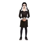 HENBRANDT Children’s Scary Daughter Fancy Dress Costume Long Sleeve Black Dress with White Collar Spooky Family Goth Manor Size Medium Ages 7-9 Halloween Fancy Dress for Girls