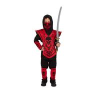 HENBRANDT Children's Deluxe Ninja Warrior Costume - Red Black Skull Design Halloween Fancy Dress Outfit Medium 7-9 Years Complete Set with Accessories