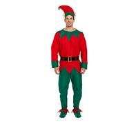 HENBRANDT Christmas Elf Adult Fancy Dress Costume - Festive Green Red Full Set with Hat, Belt & Shoes - One Size Unisex Party Outfit for Xmas Celebrations