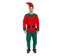 HENBRANDT Christmas Elf Adult Fancy Dress Costume, XL | Red and Green, 5-Piece Set, Includes Hat and Shoe Covers