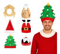 HENBRANDT Christmas Novelty Hat Collection - 6 Assorted Adult Festive Party Headwear Designs - Santa, Pudding, Elf & Xmas Tree Fancy Dress Costume Accessories