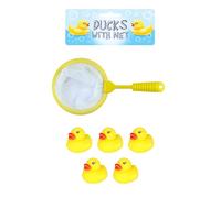 Henbrandt Mini Ducks with Net Bath Time Single Pack 6-Piece Game Set with 5 Ducks + 1 Net Kids Yellow Rubber Duck Toys Summer Fun Paddling Pool Games Bathtub Play for Boys and Girls