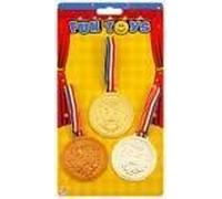 Henbrandt NEW 3 TOY GOLD SILVER & BRONZE WINNERS MEDALS w WHITE BLUE & RED STRAP on CARD