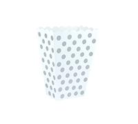 HENBRANDT Pack of 10 White and Silver Polka Dot Popcorn Boxes Empty Cardboard Treat Box Mini Sweet Containers for Birthday Sleepover Christmas New Year Movie Night Wedding Baby Shower Treat Boxes