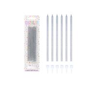 Henbrandt Pack of 6 Glitter Silver Party Candles with Candle Holders, Silver 14cm Long Tall Celebration Candles for Birthday Cakes Baby Shower and Anniversary Decorations