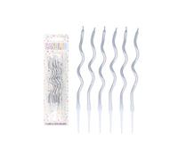 Henbrandt Pack of 6 Silver Wavy Party Candles with 6 Candle Holders, Metallic Silver 12cm Spiral Twist Tall Thin Celebration Candles for Birthday Cakes Baby Shower and Anniversary Decorations