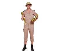 HENBRANDT Safari Explorer Premium Adult Fancy Dress Costume - Khaki Shirt Shorts One Size Fits Most Themed Party Halloween Stag Do Jungle Explorer Outfit