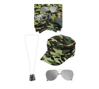 HENBRANDT Adults Army 3 Piece Fancy Dress Accessories Set - Unisex Army Cap with Camo Pattern, Aviator Sunglasses, and Silver Dog Tags - Military Costume Soldier Accessories for Men and Women