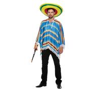 HENBRANDT Single Adult Blue Mexican Poncho with Red and Yellow Stripes and Tassel Fringe Bandit Wild Western Cowboy Fancy Dress Costume Unisex Accessory for Men and Women