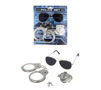 HENBRANDT Single Adult Police Detective Fancy Dress Set with Dark Sunglasses, Police Badge and Handcuffs Uniform Cosplay Halloween Cops and Robbers Accessories Set for Men and Women