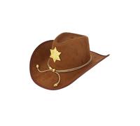 HENBRANDT Single Brown Cowboy Hat with Gold Sheriff Star - Adult Western Fancy Dress Cowgirl Costume Accessory