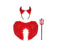 HENBRANDT Single Pack - Adult 3-Piece Devil Fancy Dress Set - Red Feathered Wings, Horned Headband & Fork Trident Prop for Halloween Costume Parties & Events