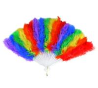 HENBRANDT Single Rainbow Pride Folding Feather Fan with White Handle Foldable Handheld Fan Rainbow Feathers LGBTQ+ Pride Party Accessories Rave Fancy Dress Costume Dance Accessories for Men and Women