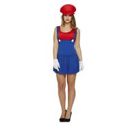 HENBRANDT Adult Women’s Red Super Plumber Fancy Dress Retro 1980s Videogame Red and Blue Mini Overalls Dress Moustache Brothers Workman Ladies Fancy Dress Costume