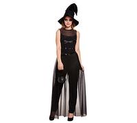HENBRANDT Witch Adult Fancy Dress Costume - Elegant Black Sheer Overlay Jumpsuit with Pointed Hat, Halloween Party Outfit, Magical One Size Fits Most Women's Spooky Costume