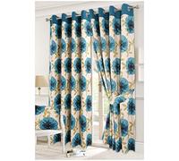 Hendem Tradings® Ring Top Curtains Thick Poly-Cotton Floral Print Eyelet Lined Pair Curtain (Isla Poppy Teal, 66" x 72")