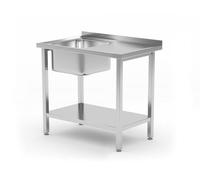 HENDI Single Sink with Shelf for Self-Assembly Adjustable Feet Basin Size: 400 x 400 x 250 mm Drain Diameter 55 mm Opening for Taps Diameter 30 mm 800 x 600 x (H) 850 mm Stainless Steel