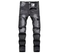 HENGAO Men's Cargo Jeans Slim Fit Stretch Regular Fit Denim Pants, 8833 Black, 30