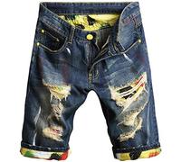 HENGAO Men's Ripped Holes Mid Rise Washed Denim Shorts - - 38