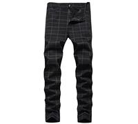 HENGAO Men's Straight Fit Plaid Chino Pants, A- Black, 36