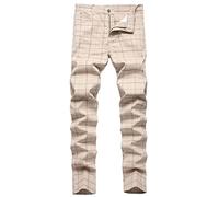 HENGAO Men's Straight Fit Plaid Chino Pants, A- Light Khaki, 32