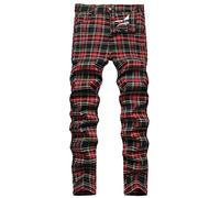 HENGAO Men's Straight Fit Plaid Chino Pants, T- Dark Red, 34