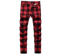 HENGAO Men's Straight Fit Plaid Chino Pants, T- Wine Red, 36