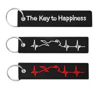 HENGBIRD 3 Pieces Personalised Motorcycle Keyrings - Embroidered & Scratch Resistant - Embroidered with The Key To Happiness, Red Heartbeat & White Ekg - Motorcycle Keyring for Car Moped Biker