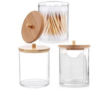 HENGBIRD Pack of 3 Acrylic Cotton Swab & Pad Storage Containers with Bamboo Lid, Small Round Cotton Pad Dispenser, Cosmetic Organizer for Dressing Table & Bathroom
