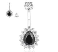 hengkaixuan 14G Belly Button Ring G23 Titanium Belly Piercing Jewellery Silver Teardrop Navel Ring with Black CZ Belly Barbell 10mm Belly Bar Internally Threaded Navel Barblell for Women