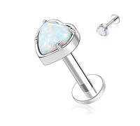 hengkaixuan 16G G23 Titanium Flat Back Labret Studs Internally Threaded Lip Studs Tragus Piercing 10mm Monroe Medusa Helix Lip Piercing Silver Lobe Cartilage Conch Earring Jewellery with Heart Opal