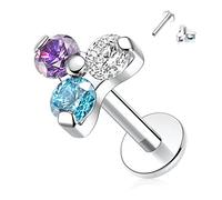 hengkaixuan 16G Labret Jewellery Internally Threaded Titanium Studs Flatback Earrings Lip Tragus Piercing 8mm Monroe Medusa Lobe Cartilage Conch Earrings(Mix Color CZ), 1pc, clear/Purple/Blue Cz, g23