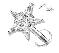 Hengkaixuan 16G Star Labret Stud, Internally Threaded, Silver, 8mm, Unisex, Versatile Piercing Jewelry
