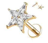 hengkaixuan 16G Titanium Star Labret Stud Earrings, Internally Threaded, Gold, 10mm, Monroe, Medusa, Lip Stud, Tragus, Conch, Cartilage, Helix, Lobe Piercings, 1pc, Velvet Bag