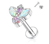 hengkaixuan Titanium Labret Earrings Internally Threaded 16G Flat Back Opal Lip Studs Tragus Piercing 6mm Monroe Medusa Helix Studs Silver Lobe Cartilage Conch Earrings