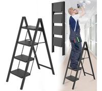 HENGMEI Aluminium Step Ladder, 4 Steps, Folding Ladder, Step Stool, Non-Slip Stepladder, Household Ladder with Non-Slip Pedal, Multifunctional Step Ladder, 150 kg Load Capacity