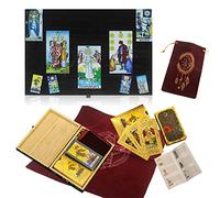 Hengqiyuan Tarot Cards in Wooden Case with Tarot Tablecloth and Bag There are Instructions PVC Waterproof Luxury Gold Foil, for Beginners and Professional Players