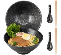 hengshukeji Japanese Ramen Bowl Set, 2-Piece, 1200ml Large Ceramic Noodle Bowls with Chopsticks and Spoon, Microwave & Dishwasher Safe, Perfect for Pho, Soup (Black Set (2-Piece))