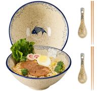 hengshukeji Japanese Ramen Bowl Set, 2-Piece, 1200ml Large Ceramic Noodle Bowls with Chopsticks and Spoon, Microwave & Dishwasher Safe, Perfect for Pho, Soup (Koi Fish Set (2-Piece))